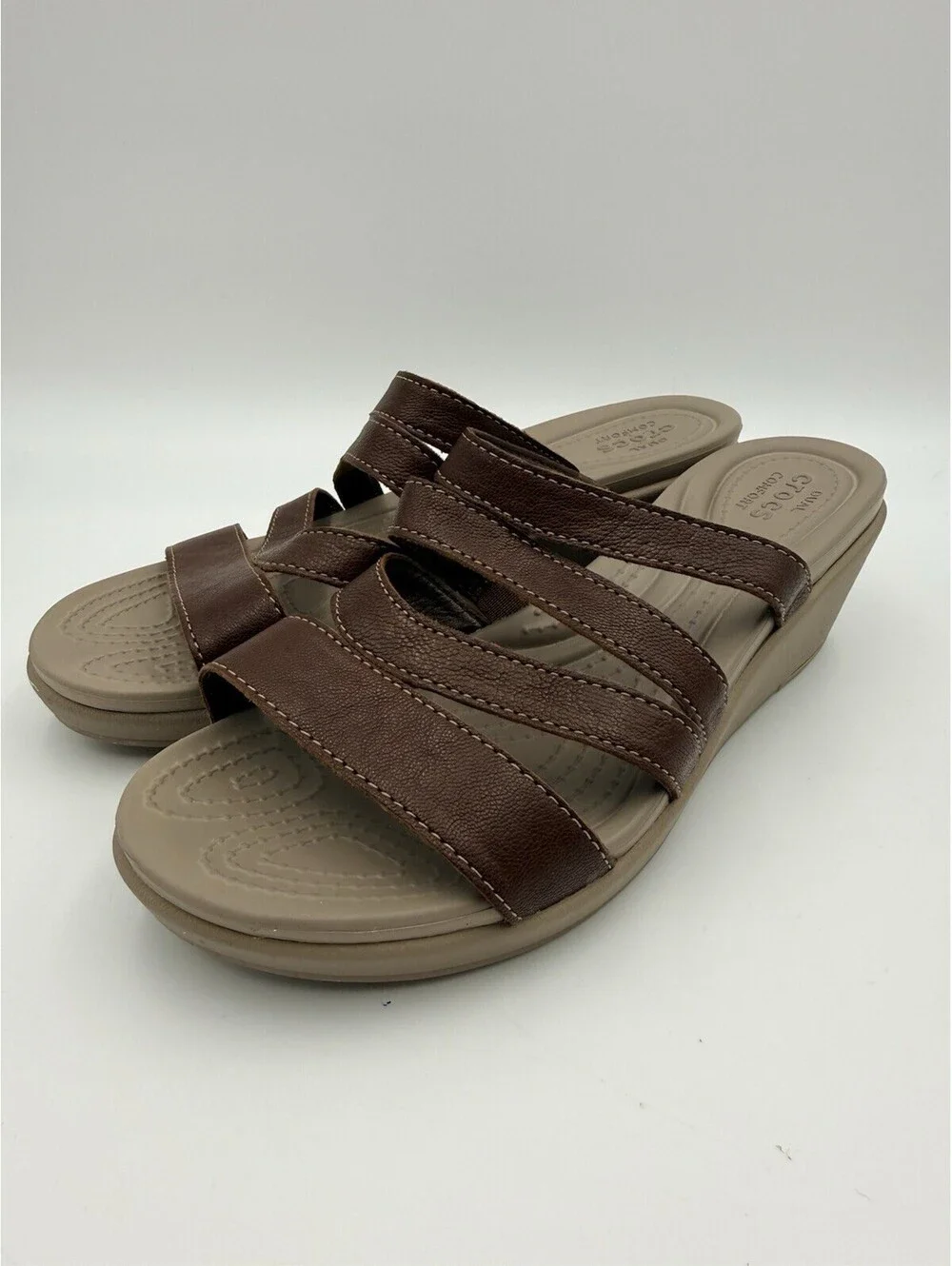 Crocs Women’s Brown/Taupe Strappy Wedge Slide Sandals Cushioned Comfort 6